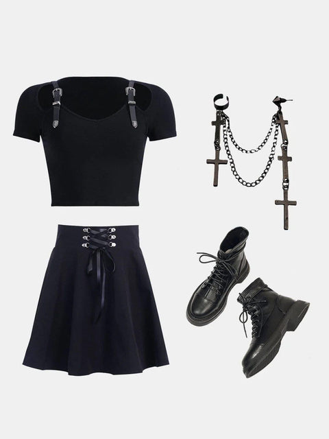 Slim Belt Shoulder Buckle Hollow Short Sleeve T-shirt - Anagoc
