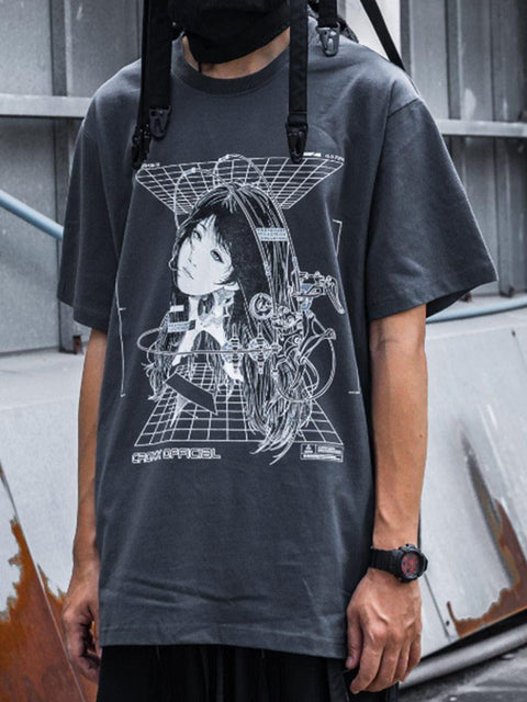 Punk Mechanical Girl Print Cotton Tee - Anagoc