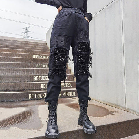 Ripped Sequined Embroidered Patchwork Jeans - Anagoc
