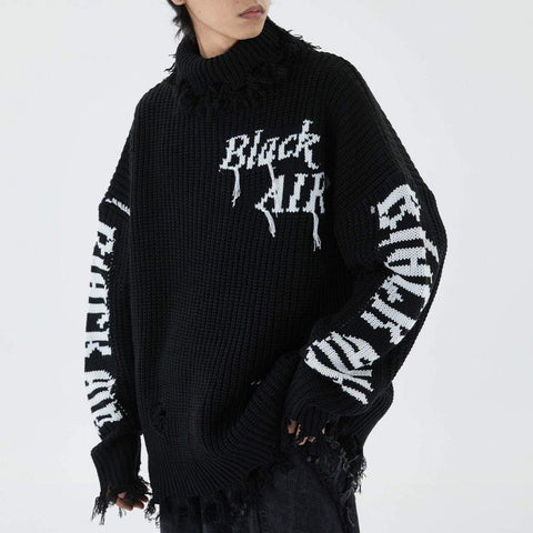Ripped Embroidery Turtleneck Sweater - Anagoc