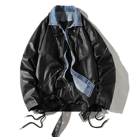 Ribbon Denim Leather Jacket - Anagoc