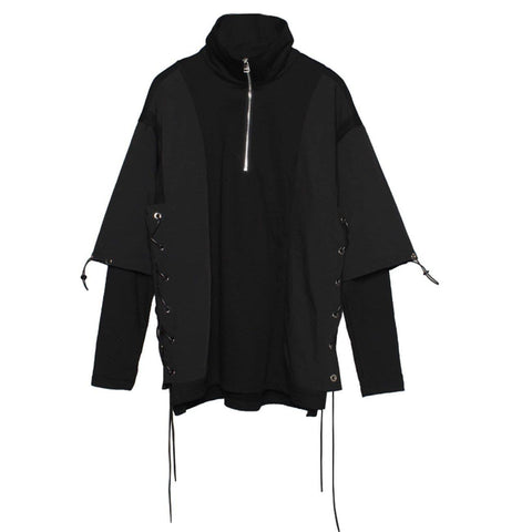 Dark Patchwork Fake Two Tie Rope Sweatshirt - Anagoc