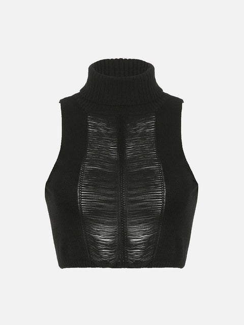 Dark Mesh Hollow Out Turtleneck Vest - Anagoc