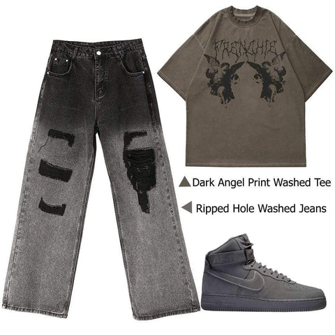 Dark Angel Print Washed Tee - Anagoc