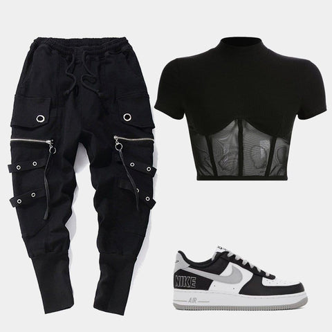 Slim Patchwork Black Mesh Crop Short Sleeve T-shirt - Anagoc