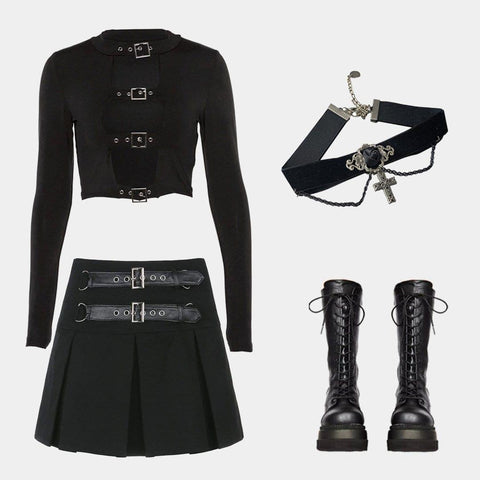 Dark Babes High-waisted Leather Pleated Skirt - Anagoc