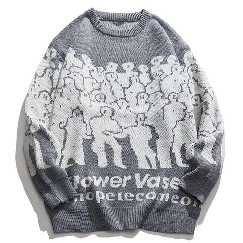 Crowd Print Knitted Sweater - Anagoc