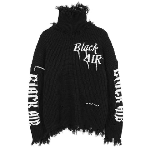 Ripped Embroidery Turtleneck Sweater - Anagoc