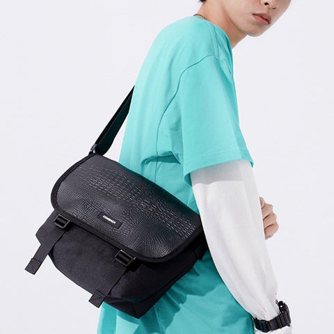 Combat Patchwork PU Buckle Messenger Bag - Anagoc