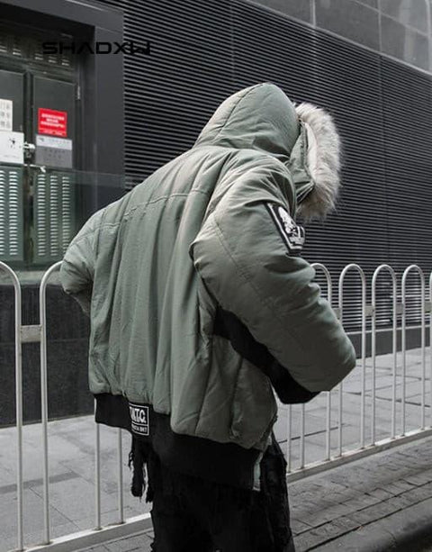 Green Cargo Jacket with Fur Hood - Anagoc