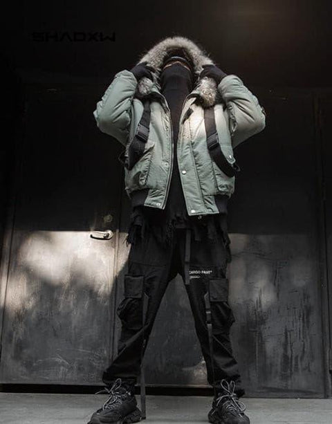 Green Cargo Jacket with Fur Hood - Anagoc