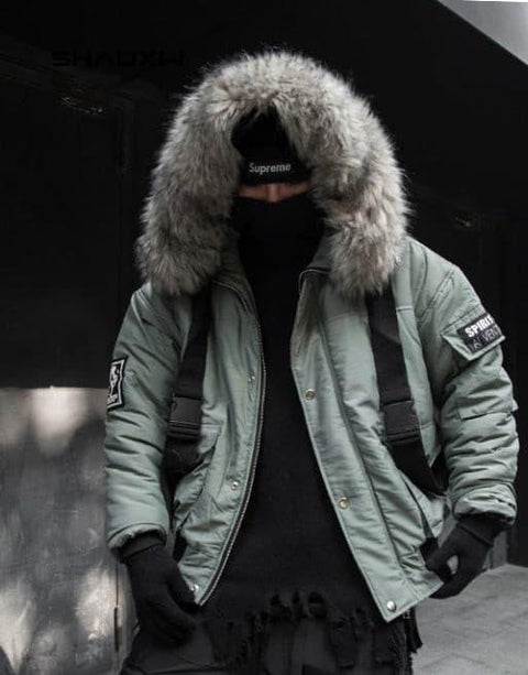 Green Cargo Jacket with Fur Hood - Anagoc
