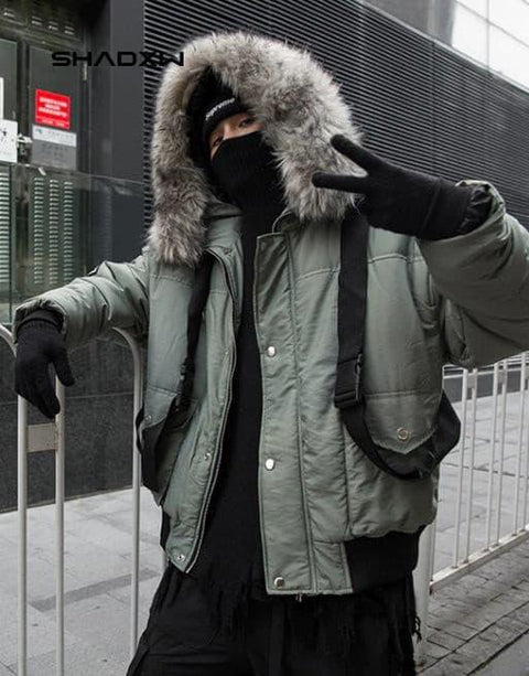 Green Cargo Jacket with Fur Hood - Anagoc