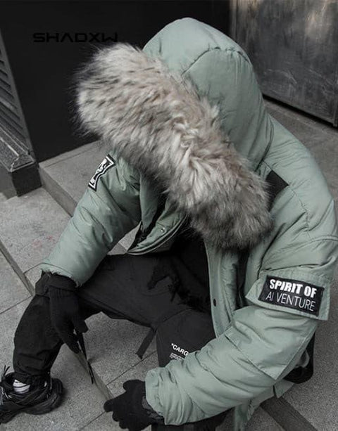 Green Cargo Jacket with Fur Hood - Anagoc