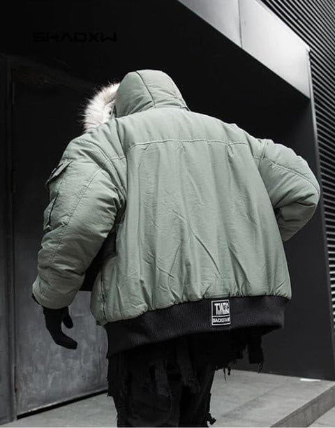 Green Cargo Jacket with Fur Hood - Anagoc