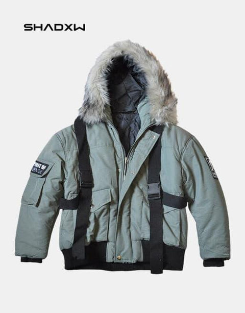 Green Cargo Jacket with Fur Hood - Anagoc