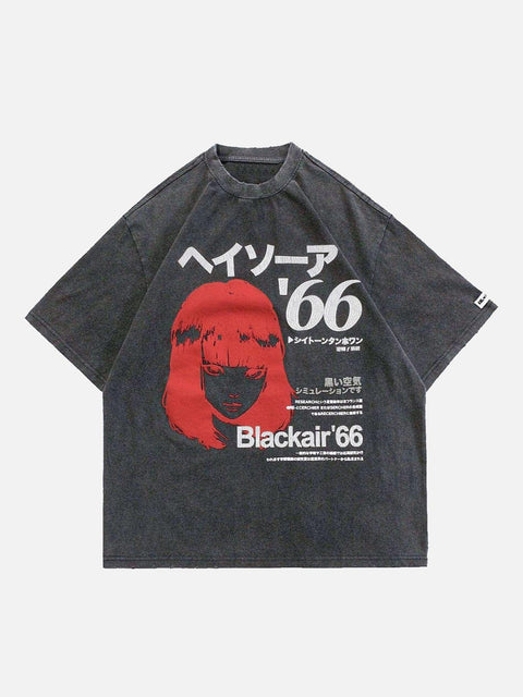 Japanese Cartoon Girl Washed Graphic Tee - Anagoc