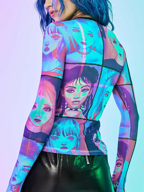 Colorful Cartoon Print Long Sleeve T Shirt - Anagoc