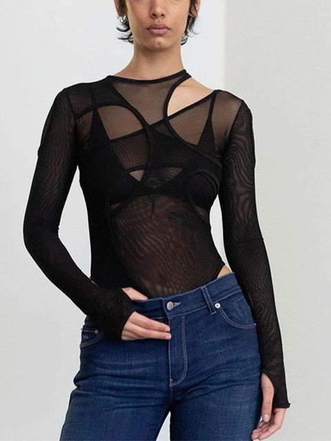 Fake Two Mesh Perspective Jumpsuit - Anagoc