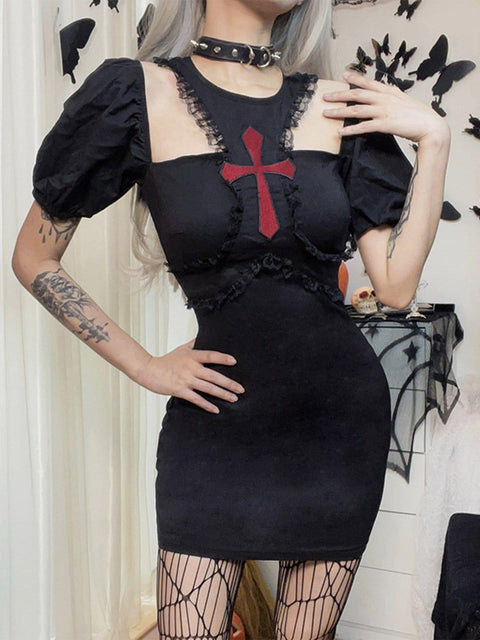 Appliqué Crucifix Lace Dress - Anagoc