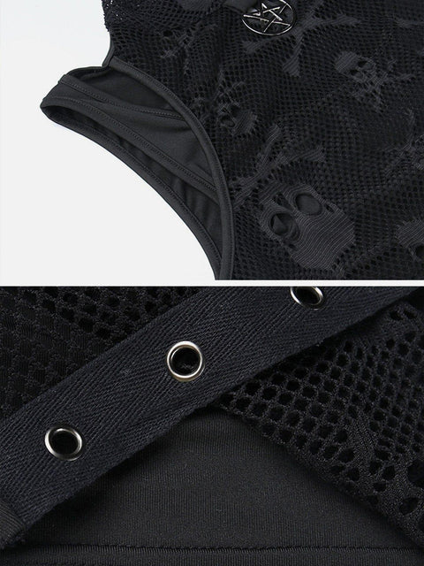 Skull Mesh Lace Cuff Shirt - Anagoc