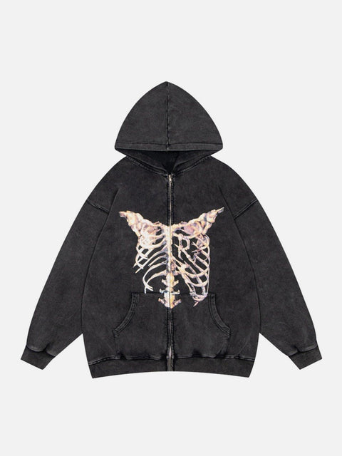 Washed Skeleton Pattern Zip Up Hoodie - Anagoc