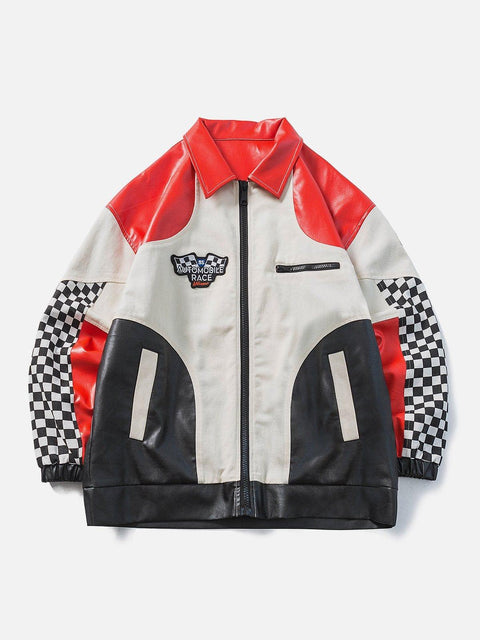 Contrasting Checkerboard Motosports Jacket - Anagoc