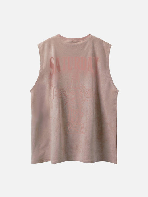 Necklace Cross Print Suede Vest - Anagoc