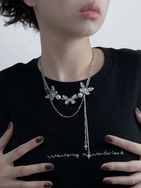 Pearl Three Butterfly Necklace - Anagoc