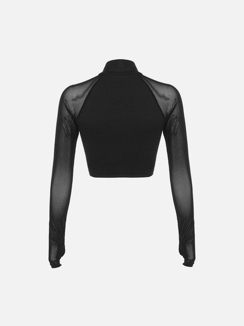 Mesh Nipped Waist Long Sleeve T Shirts - Anagoc