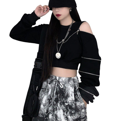 Dark Zipper Strapless Cropped Sweatshirt - Anagoc