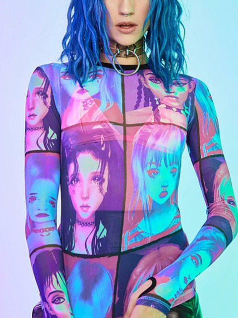 Colorful Cartoon Print Long Sleeve T Shirt - Anagoc
