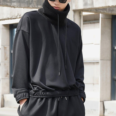 Dark Sherpa High-neck Drawstring Sweatshirt - Anagoc