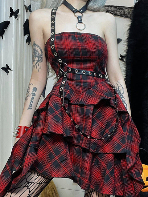Plaid Irregular Dress - Anagoc