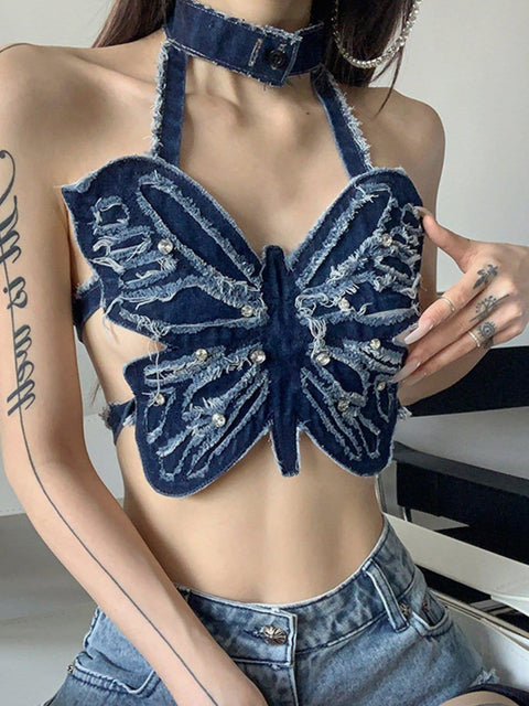 Denim Distressed Butterfly Suspender Vest - Anagoc