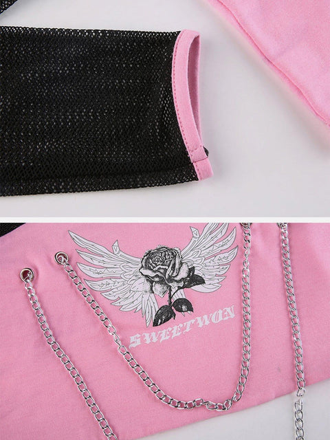 Patchwork Mesh Chain Long Sleeve T Shirts - Anagoc