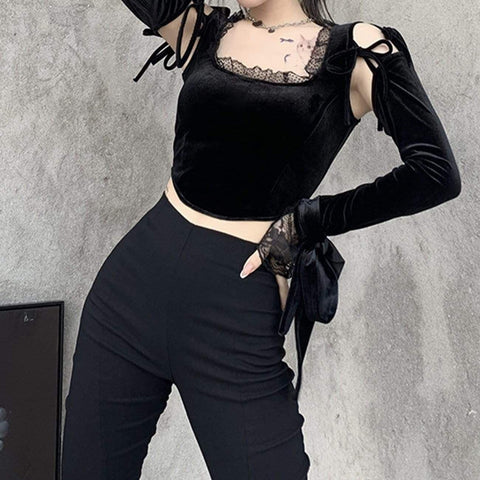 Dark Design Lace Vest Flared Sleeve Long Sleeve T-shirt - Anagoc