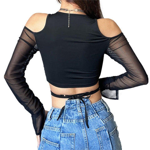 Hollow Mesh Cross Tie Long Sleeve T Shirt - Anagoc