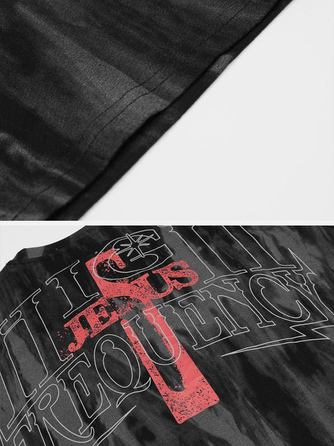 Washed Tie Dye Cross Letters Graphic Tee - Anagoc