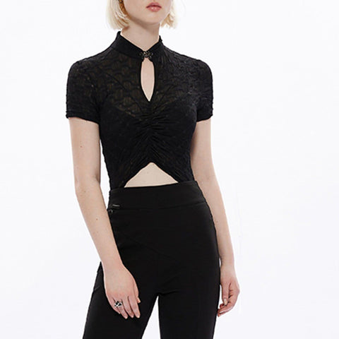 Punk Hollow Out Lace Cropped Short Sleeve T Shirt - Anagoc