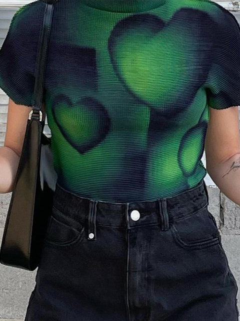 Heart Gradient Print Short Sleeve T Shirt - Anagoc