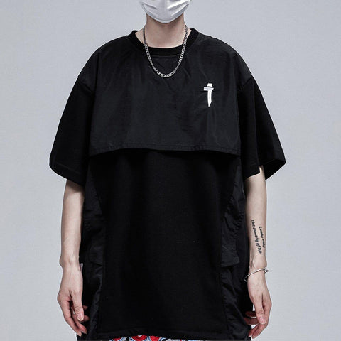 Fake Two Zipper Embroidery Decorative Pocket Tee - Anagoc