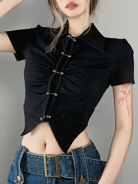 Metal Button Short Sleeve Shirt - Anagoc