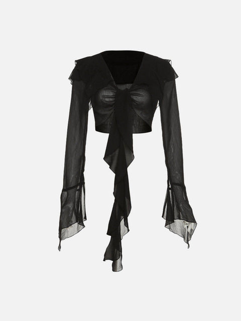 Mesh Ribbon Long Sleeve T Shirts - Anagoc