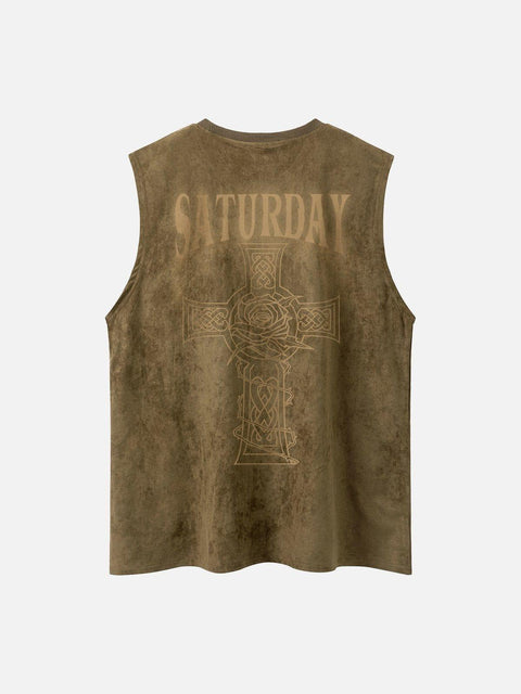 Necklace Cross Print Suede Vest - Anagoc