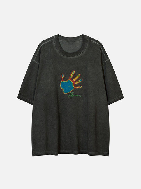 Neon Palm Embroidery Washed Tee - Anagoc