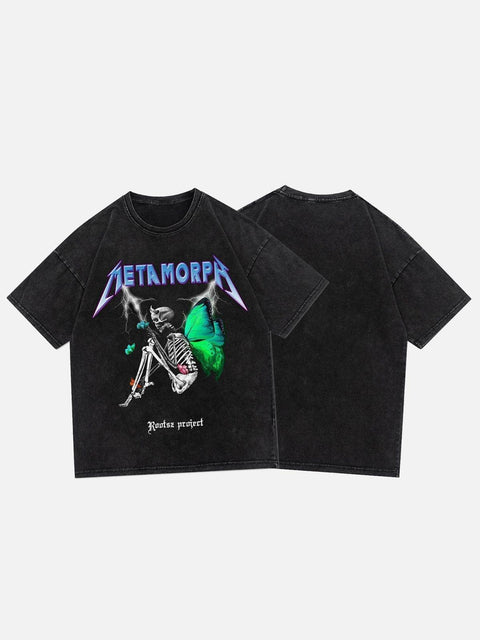Washed Skull Butterfly Print Tee - Anagoc
