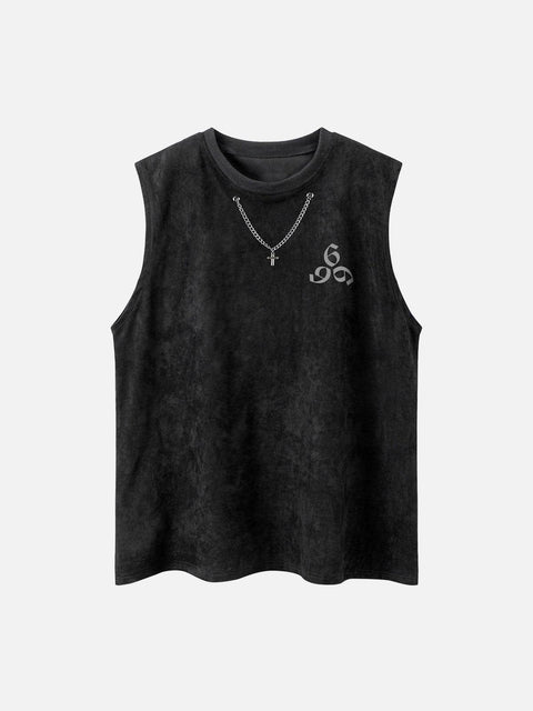 Necklace Cross Print Suede Vest - Anagoc