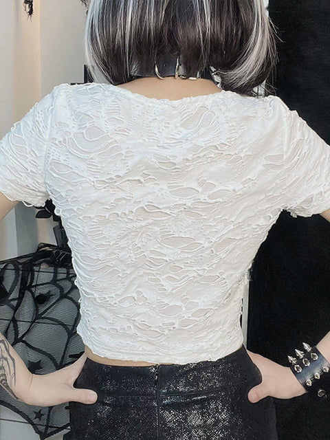 Cut Hollow Short Sleeve T Shirt - Anagoc