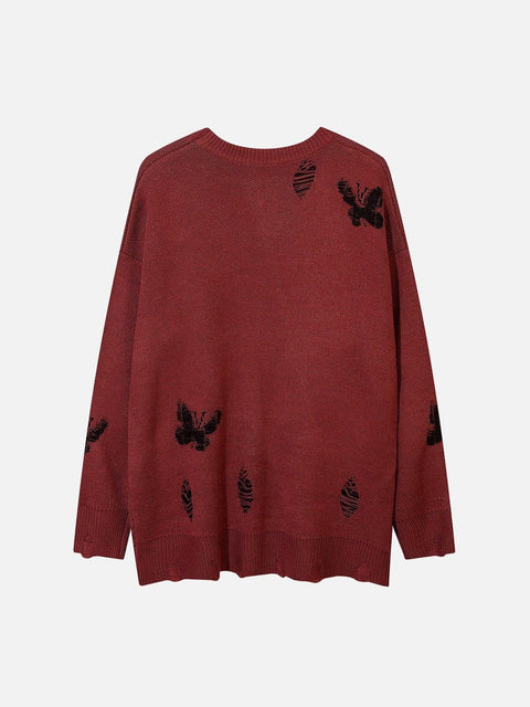 Butterflies Ripper Hole Knit Sweater - Anagoc